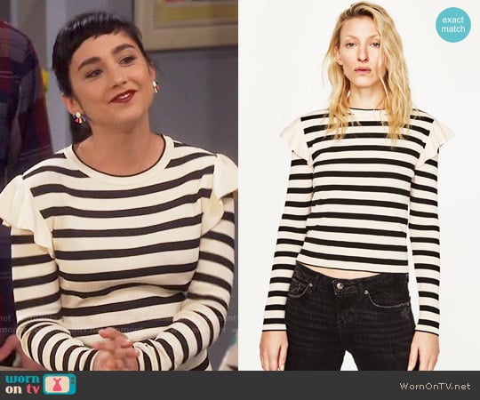 Zara Sweater with Shoulder Frill worn by Mandy Baxter ( Molly Ephraim) on Last Man Standing