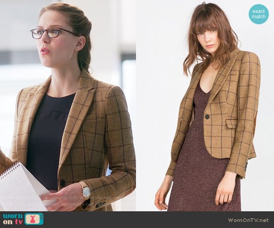 Zara Windowpane Blazer with Elbow Patches worn by Kara Danvers (Melissa Benoist) on Supergirl