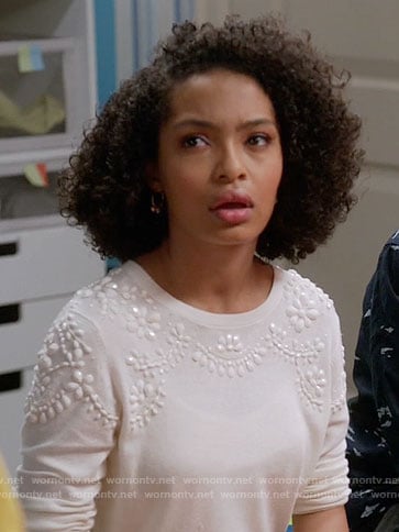 Zoey's white embellished sweater on Black-ish