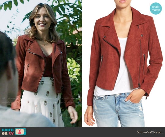 ASTR Faux Suede Moto Jacket in Rusted Tan worn by Megan Morrison (Christine Evangelista) on The Arrangement