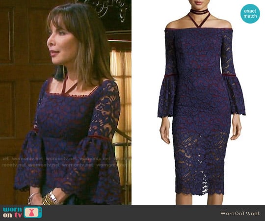 Alexis Belin Off-the-Shoulder Lace Dress w/ Velvet Necktie worn by Kate Roberts (Lauren Koslow) on Days of our Lives