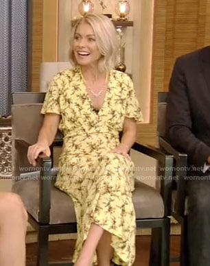 Kelly’s yellow print v-neck dress on Live With Kelly