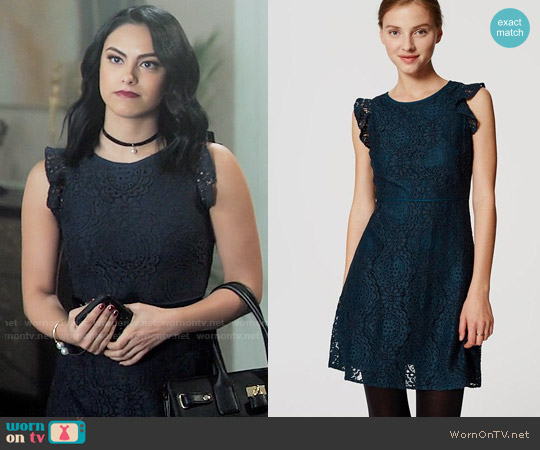 LOFT Lace Flutter Dress in Deep Sea Teal worn by Veronica Lodge (Camila Mendes) on Riverdale