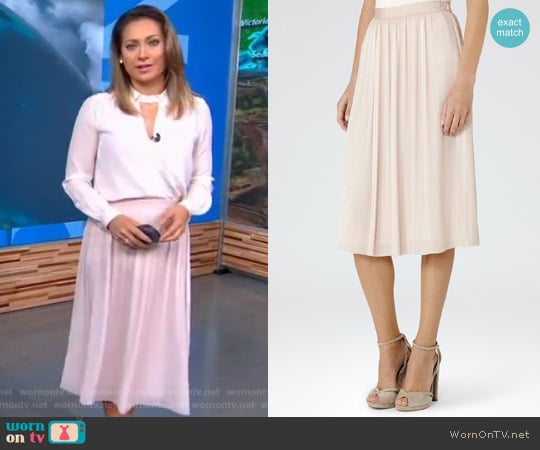 Adalie Pink Linen Plisse Midi Skirt by Reiss worn by Ginger Zee on Good Morning America