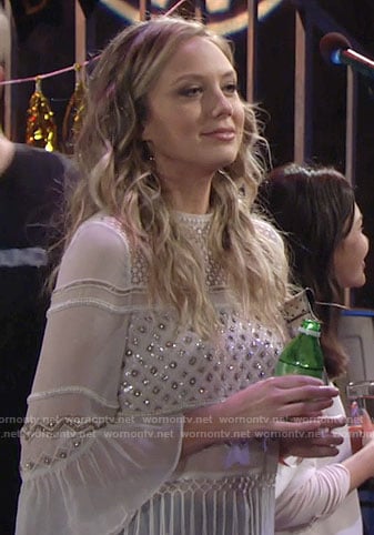 Abby’s white embellished fringed trim top on The Young and the Restless