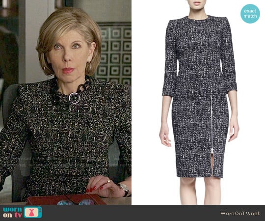 Alexander McQueen Zip-Hem Printed Sheath Dress worn by Diane Lockhart (Christine Baranski) on The Good Fight