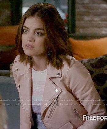 Aria's purple ombre top and pink leather jacket on Pretty Little Liars