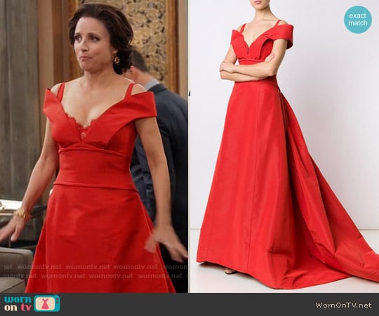 Carolina Herrera Faille Ball Off-The-Shoulder V-neck Dress worn by Selina Meyer (Julia Louis-Dreyfus) on Veep