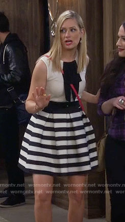 Caroline's white top with black bow and striped skirt on 2 Broke Girls
