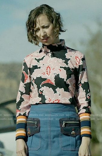 Carol's black and pink floral top and denim skirt on Last Man on Earth