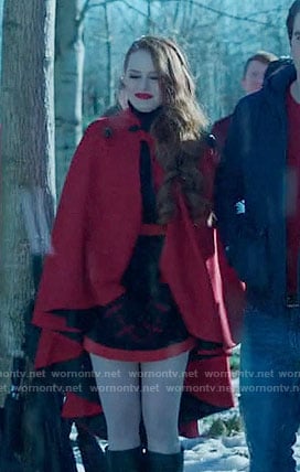 Cheryl's black dress with red trim and red cape on Riverdale