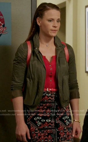 Daphne’s printed skirt and green jacket on Switched at Birth