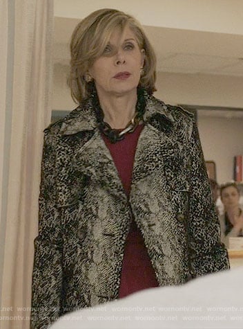 Diane’s snakeskin print trench coat on The Good Fight