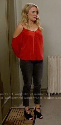 Gabi’s red cold-shoulder top and tie up booties on Young and Hungry