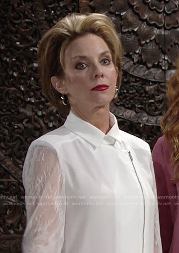 Gloria’s white zipped blouse with lace sleeves on The Young and the Restless