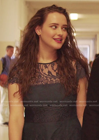 Hannah's navy lace dress on 13 Reasons Why