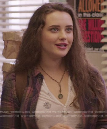Hannah's white printed henley top and plaid shirt on 13 Reasons Why