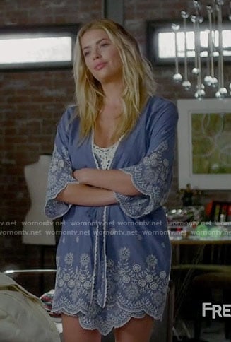 Hanna’s blue embroidered robe on Pretty Little Liars
