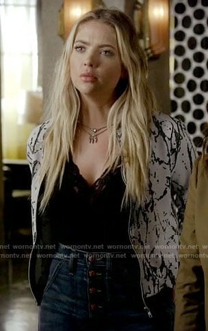 Hanna's white printed bomber jacket on Pretty Little Liars