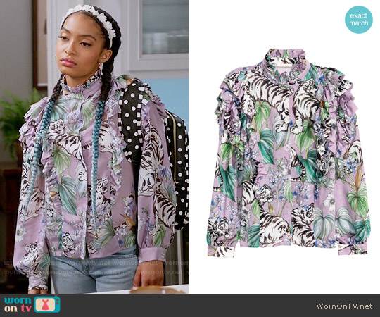 H&M Ruffled Blouse in Purple / Tigers worn by Zoey Johnson (Yara Shahidi) on Black-ish