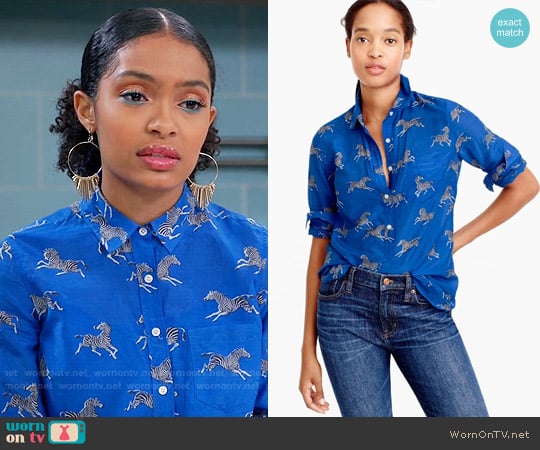 J. Crew Classic popover in zebra print worn by Zoey Johnson (Yara Shahidi) on Black-ish