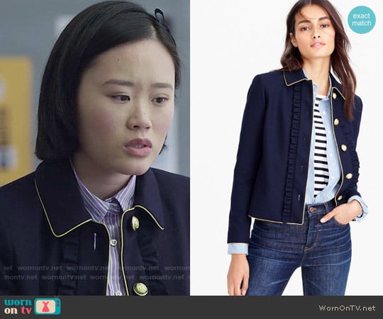 J. Crew Lady jacket with ruffles worn by Courtney Crimsen (Michele Selene Ang) on 13 Reasons Why