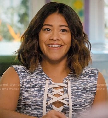 Jane's blue and white printed lace-up dress on Jane the Virgin