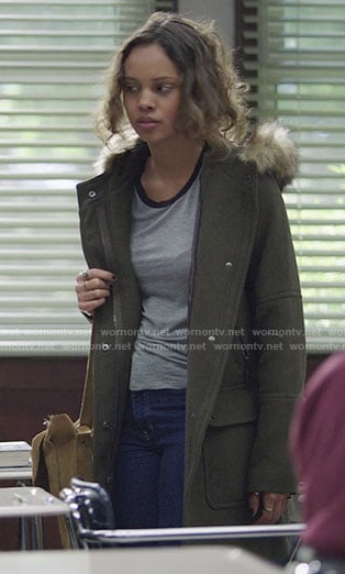 Jessica's grey ringer tee and fur hooded coat on 13 Reasons Why