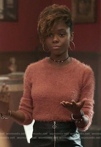 Josie's pink fluffy sweater and leather zip-front skirt on Riverdale
