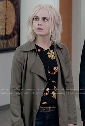 Liv's black and orange floral top and draped coat on iZombie