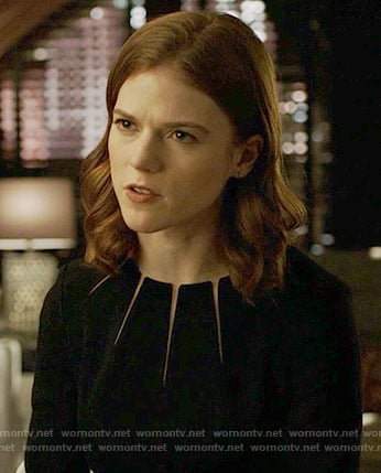 Maia’s black dress with neckline slits on The Good Fight