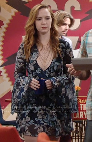Mariah’s blue floral bell-sleeve dress on The Young and the Restless