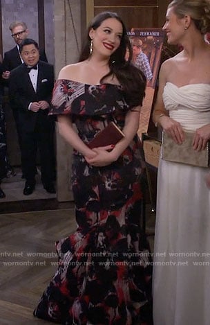 Max’s black and red off-shoulder gown on 2 Broke Girls
