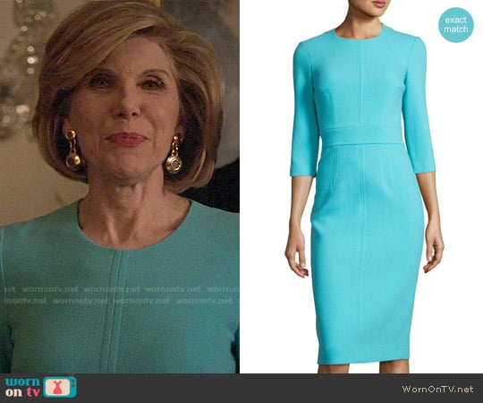 Michael Kors Collection Spring Dress in Turquoise worn by Diane Lockhart (Christine Baranski) on The Good Fight