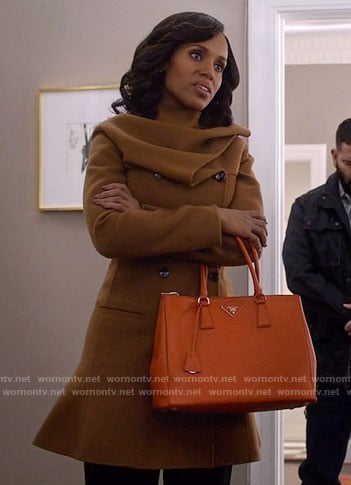 Olivia's tan coat with gathered neck on Scandal