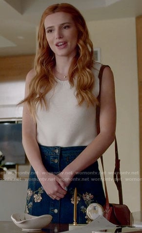 Paige's floral denim skirt on Famous in Love
