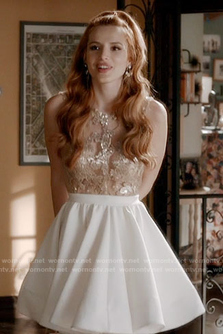 Paige’s gold and white party dress on Famous in Love