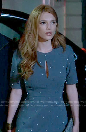 Paige’s grey pearl studded dress on Famous in Love