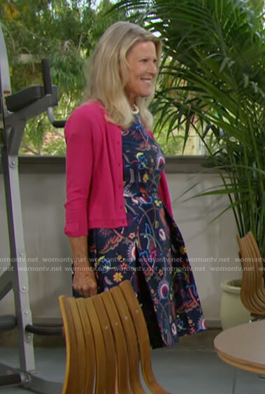 Pam’s blue printed dress and pink cardigan on The Bold and the Beautiful