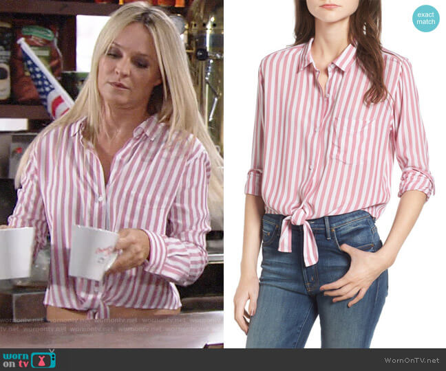 Rails Val Shirt in Garnet Stripe worn by Sharon Newman (Sharon Case) on The Young and the Restless