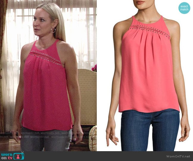 Ramy Brook Zia Top in Guava worn by Sharon Newman (Sharon Case) on The Young and the Restless