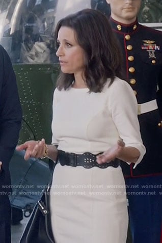 Selina’s white three-quarter sleeve dress on Veep