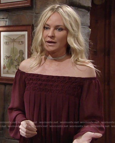 Sharon’s burgundy off-shoulder blouse on The Young and the Restless