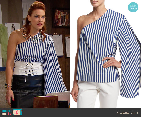 Solace London Freja One-Shoulder Boxy Poplin Top worn by Sally Spectra (Courtney Hope) on The Bold & the Beautiful