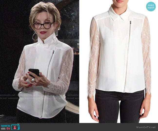 The Kooples Crepe & Lace Zip-Up Dull Matte Top worn by Gloria Abbott Bardwell (Judith Chapman) on The Young and the Restless