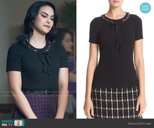 Tory Burch 'Pelham' Embellished Ribbon Neck Ribbed Sweater worn by Veronica Lodge (Camila Mendes) on Riverdale