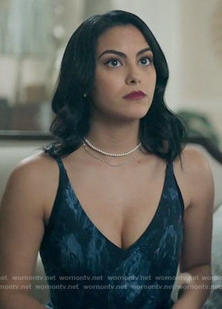 Veronica's blue and black printed v-neck dress on Riverdale