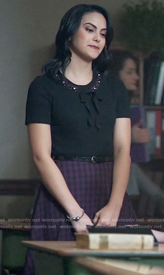 Veronica's black embellished top and purple checked skirt on Riverdale
