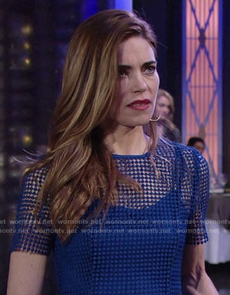 Victoria’s blue mesh short sleeve dress on The Young and the Restless