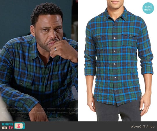 Vince Plaid Shirt in Olive / Blue worn by Andre Johnson (Anthony Anderson) on Black-ish